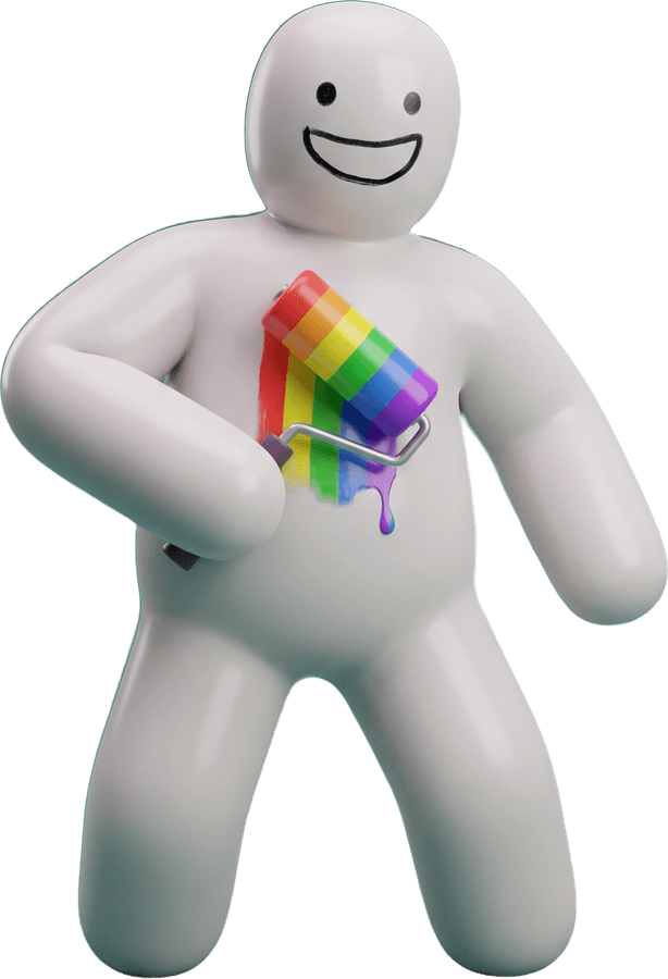 Mecha, the white mascot, rolling rainbow paint across himself